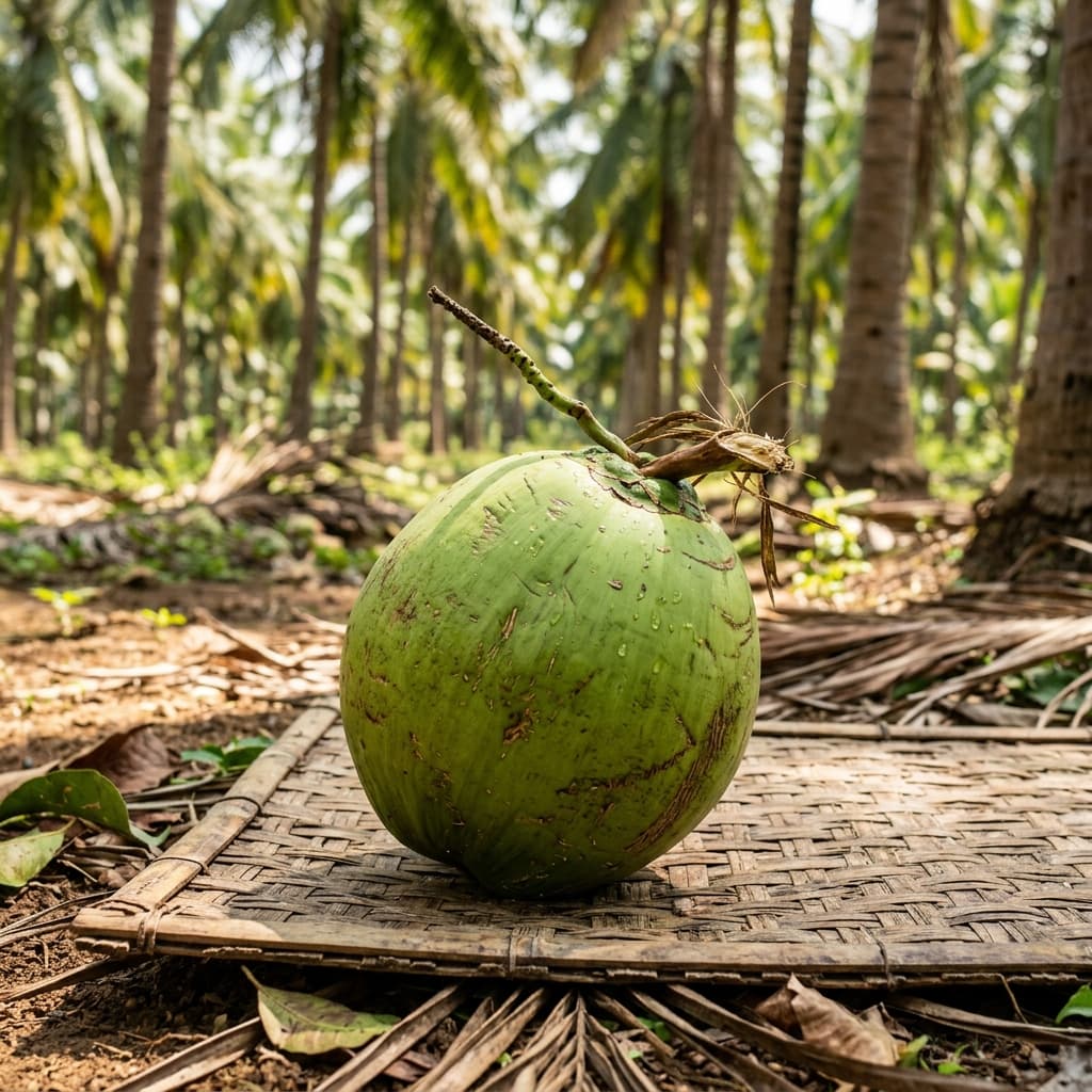 Fresh mature coconut with full outer husk — just harvested