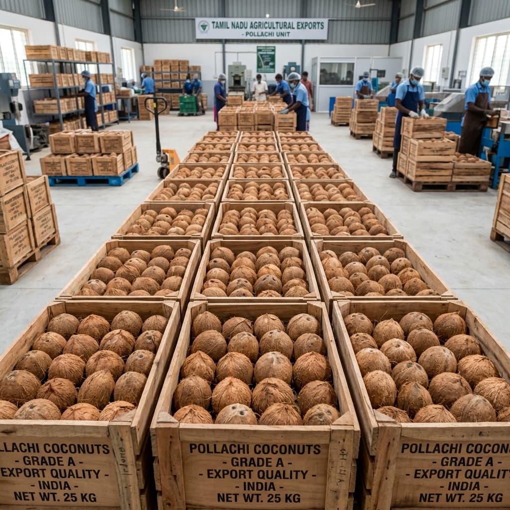 Fully dehusked brown coconuts graded and export-ready