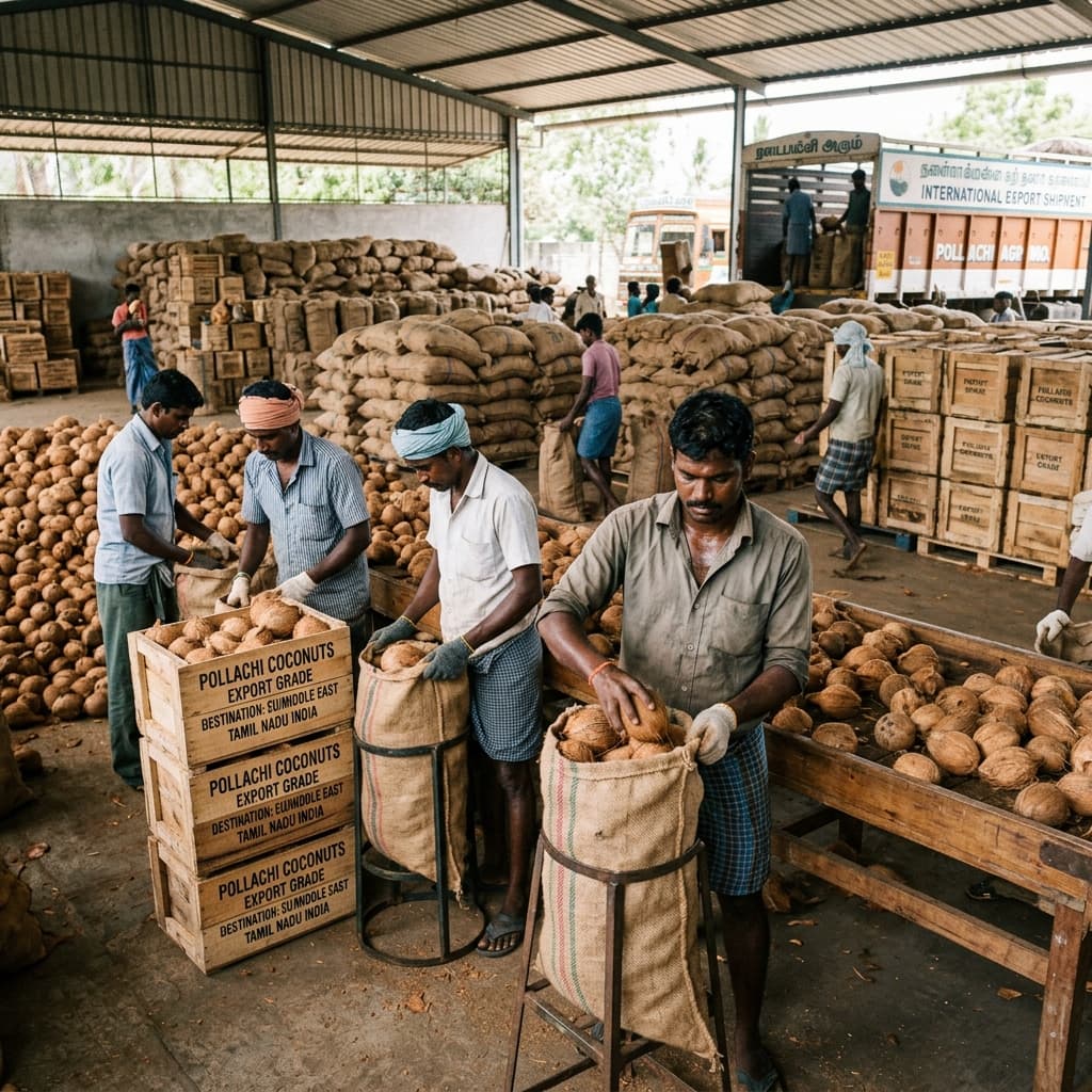 Packing shed — coconuts sorted and bagged for export