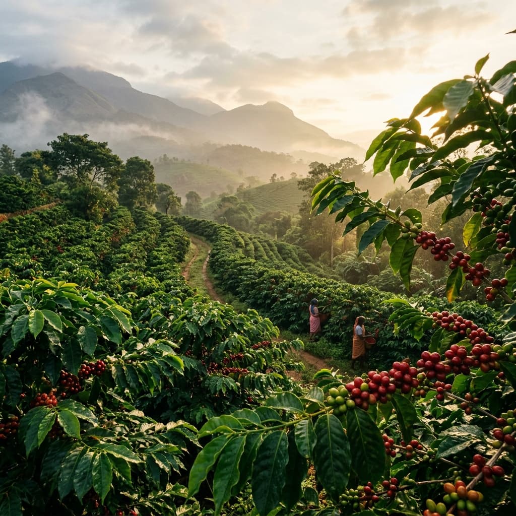 Lush coffee estate — mist-covered mountains of Karnataka