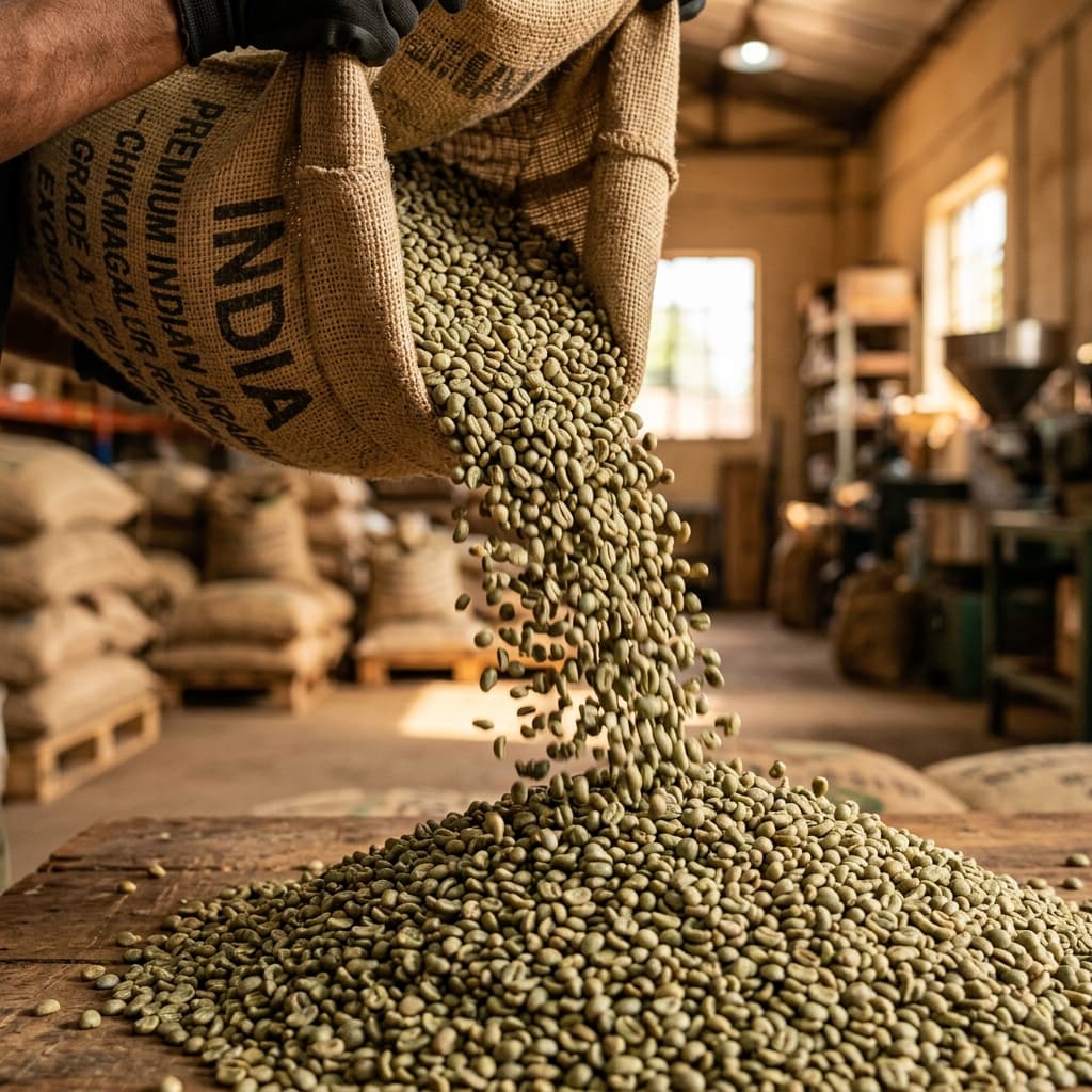 Macro: Premium Indian green Arabica beans in jute bag