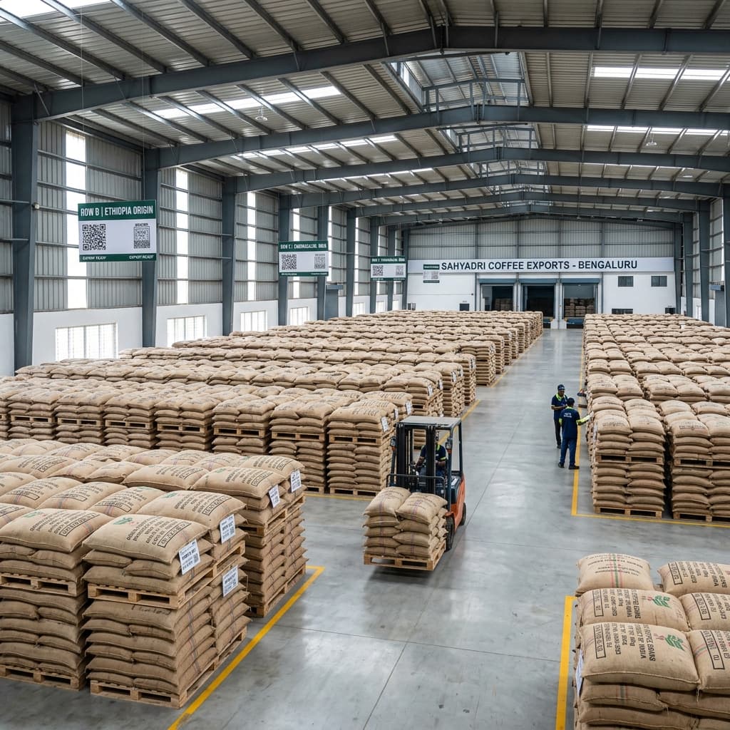 Export warehouse — 60 kg jute bags ready to ship