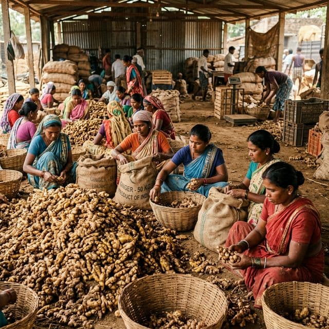 Fresh ginger roots sorted for export
