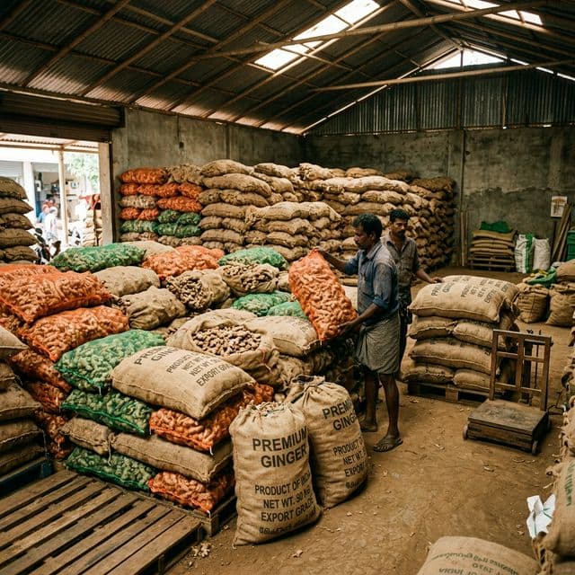Ginger packed in bags at warehouse