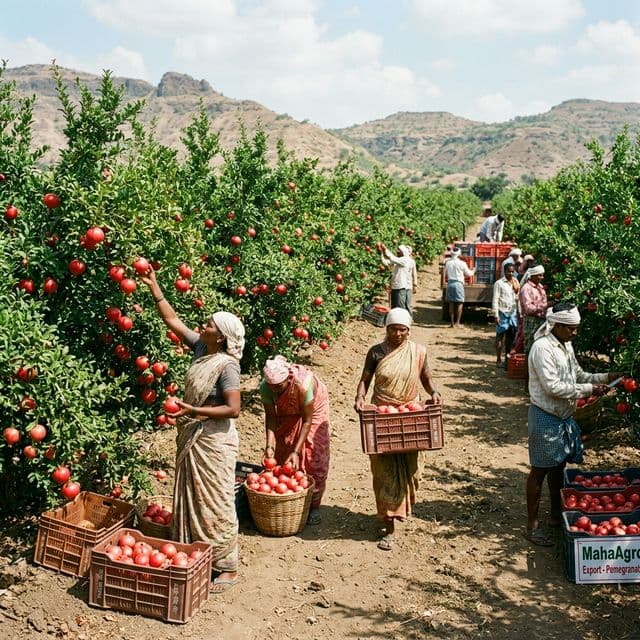 Pomegranate harvest in Maharashtra orchard